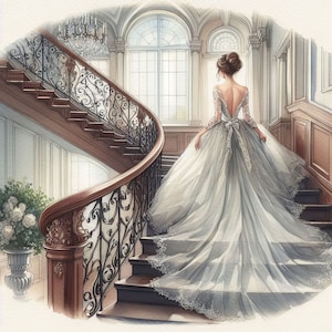 Clip Art de Novia en las Escaleras: 10 JPG de acuarela de alta resolución para diarios basura, scrapbooking, creación de tarjetas y kit de descarga digital.
