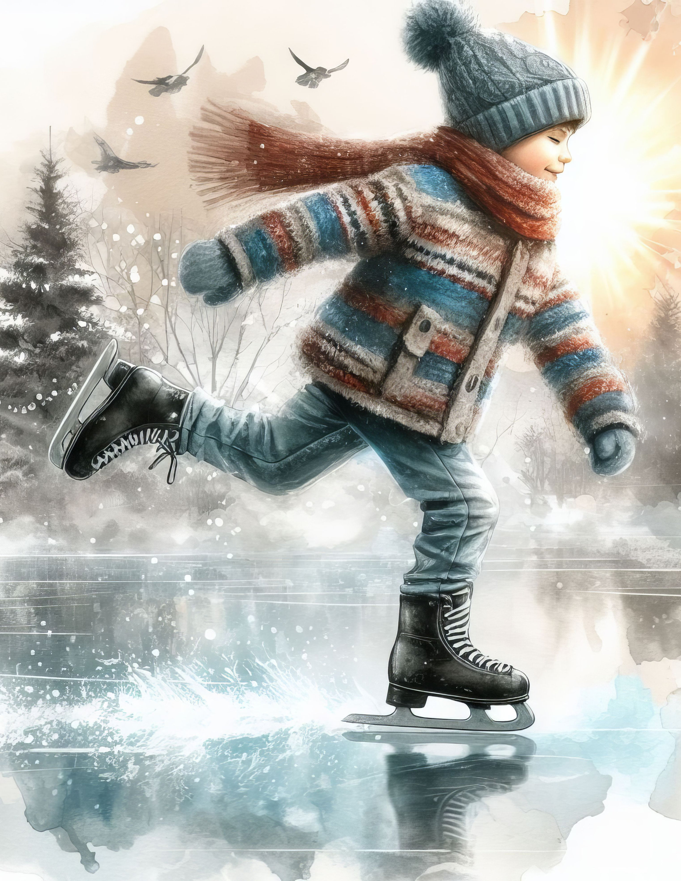Child Ice Skating 10 High Res Watercolor Jpgs for Junk Journaling ...