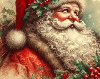 Vintage Santa With Holly Clipart Bundle 10 High Res
