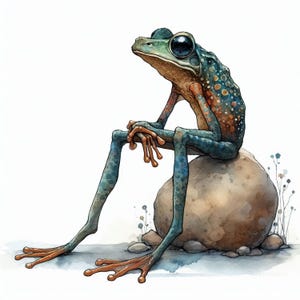 Clip art 10 haute résolution JPG aquarelle grenouille sur un rocher, journalisation indésirable, fabrication de cartes, téléchargement numérique, fantaisie lunatique
