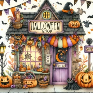 Boutique Halloween clipart 10 fichiers JPG aquarelle haute résolution, journal indésirable, scrapbooking, fabrication de cartes, téléchargement numérique camping-car, fantastique, fantaisiste