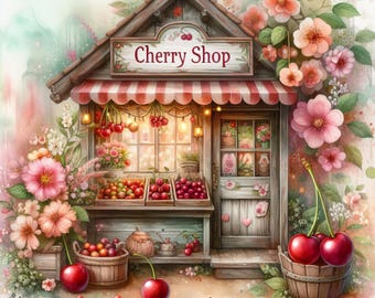 Cherry Shop: 10 High Res Watercolor JPGs, Junk Journaling, Scrapbooking, Card Making, Digital Art, Fantasy, Whimsical