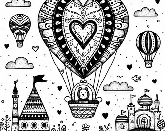 Adult Coloring Pages Whimsical Heart Hot Air Balloons: Clip Art