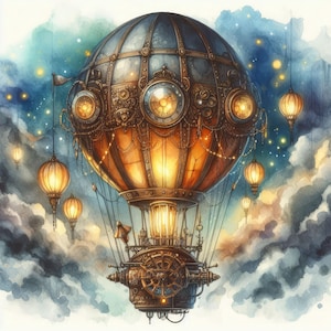 Ballon à air chaud steampunk 10 haute résolution aquarelle JPG, journal indésirable, fabrication de cartes, téléchargement numérique, fantaisiste, fantastique, art numérique