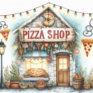 May include: A watercolor illustration of a quaint pizza shop with a red sign that reads "Pizza Shop". The shop has a wooden door, a window with a pizza inside, and a garland of greenery and red tomatoes hanging above the door. The shop is decorated with Christmas lights and snow.