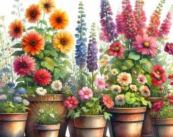 Sommerblumen in Töpfen 10 hochauflösende Aquarell JPGs Junk Journaling, Kartenherstellung, digitaler Download, Sublimation, Fantasie, digitale Kunst