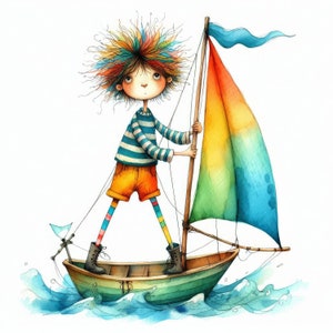Op de afbeelding: Een aquarel-illustratie van een kind met regenbooghaar dat een klein zeilbootje vaart op een blauwe en groene zee. Het kind draagt een gestreept shirt en een oranje broek.