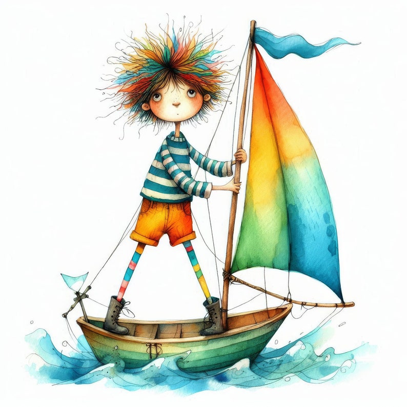 Op de afbeelding: Een aquarel-illustratie van een kind met regenbooghaar dat een klein zeilbootje vaart op een blauwe en groene zee. Het kind draagt een gestreept shirt en een oranje broek.