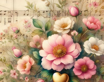 Peut inclure: Une illustration de style vintage d'un bouquet de fleurs roses et blanches avec un cœur doré au centre, sur fond de partition musicale.