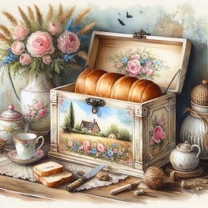 Puede incluir: Una caja de pan de madera vintage con un diseño floral pintado y una escena campestre. La caja está abierta y llena de panes. Hay un ramo de rosas rosas en un jarrón blanco, una tetera, una taza de té y un plato de pan sobre una mesa.