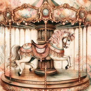 Pacote de clipart de cavalo vintage Merry-go-Round com 10 JPGs em aquarela de alta resolução para registro em diário de lixo, álbum de recortes, artesanato, download digital