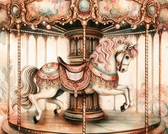 Vintage Merry-go-Round Horse Clipart Bundle 10 High Res Watercolor JPGs for Junk Journaling, Scrapbook, Crafts, Digital Download