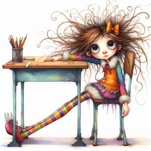 Quirky School Desk Clip Art 10 JPGs aquarela de alta resolução para diário de lixo, scrapbooking, criação de cartões, download digital, fantasia, caprichoso
