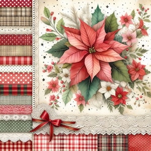 Papier calicot pour poinsettias de Noël 10 fichiers JPG aquarelle haute résolution Journalisation des indésirables, scrapbooking, fabrication de cartes, kit de téléchargement numérique, Noël