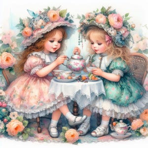 Fancy Tea Party 10 hochauflösende JPGs in Aquarellfarben für Junk Journaling, Scrapbooking, Kartenherstellung, digitaler Download, Fantasie, wunderlich