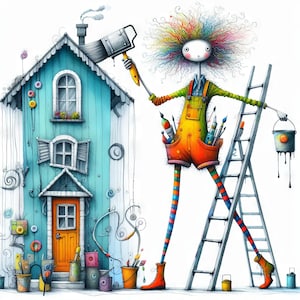 Clip art de pintor de casas peculiar, 10 archivos JPG de acuarela de alta resolución, diario basura, álbumes de recortes, creación de tarjetas, descarga digital, fantasía, caprichoso