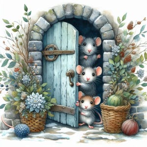 Ratones que miran fijamente 10 archivos JPG de acuarela de alta resolución. Diario basura, scrapbooking, creación de tarjetas, descarga digital, fantasía, caprichoso, peculiar.