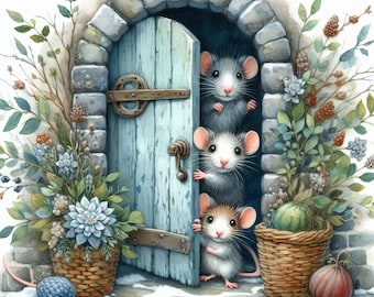 Peeking Mice 10 High Res Watercolor JPGs Junk Journaling, Scrapbooking, Card Making, Digital Art, Fantasy, Whimsical, Quirky