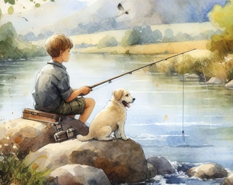 Young Boy Fishing Clipart Bundle 10 High Res Watercolor JPGs for Junk Journaling, Scrapbook, Crafts, Digital Download
