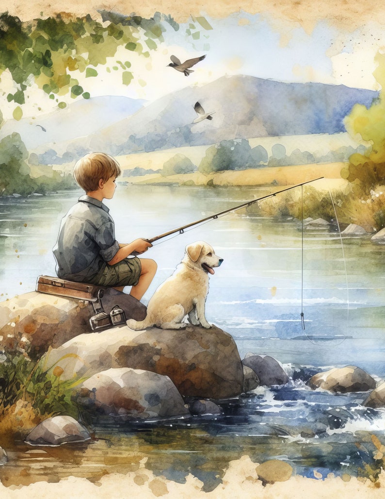 Puede incluir: Un ni&ntilde;o peque&ntilde;o est&aacute; sentado en una roca junto a un r&iacute;o, pescando con una ca&ntilde;a. Un golden retriever est&aacute; sentado a su lado, mirando el agua. La escena est&aacute; pintada en acuarela, con un toque suave y de ensue&ntilde;o.