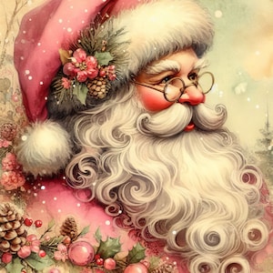 Pacote de clipart vintage rosa de Papai Noel 10 JPGs de aquarela de alta resolução para diário de lixo, álbum de recortes, artesanato, download digital, Natal