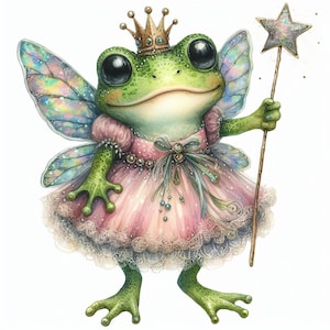 May include: A green frog fairy wearing a pink dress with a lace trim and a crown. The frog fairy is holding a star-shaped wand.