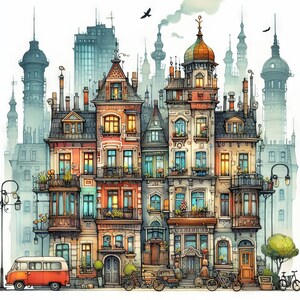 Lot de 10 cliparts appartements lunatiques JPG aquarelles haute résolution, journal indésirable, scrapbooking, fabrication de cartes, kit de téléchargement numérique, fantaisie