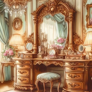 Victoriaanse kaptafel clip art bundel 10 high-res aquarel jpg's voor junk journaling, scrapbook, ambachten, digitale download