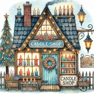 May include: A quaint candle shop with a blue door and windows filled with colorful candles. The shop is decorated with a wreath, string lights, and a sign that reads "CANDLE SHOP".