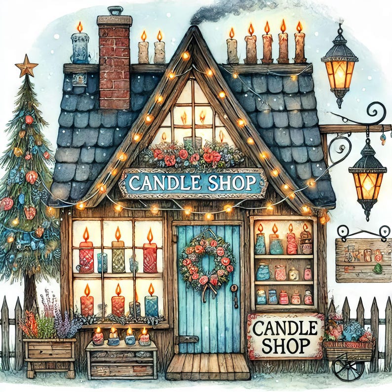 May include: A quaint candle shop with a blue door and windows filled with colorful candles. The shop is decorated with a wreath, string lights, and a sign that reads "CANDLE SHOP".