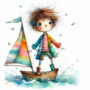 Op de afbeelding: Een aquarel-illustratie van een jong persoon met stekelig bruin haar dat op een kleine zeilboot staat. De zeilboot heeft een kleurrijk gestreept zeil en is omringd door blauw water. De persoon draagt een blauw en groen jack met een rood-wit gestreept shirt en een kleurrijk gestreepte broek.