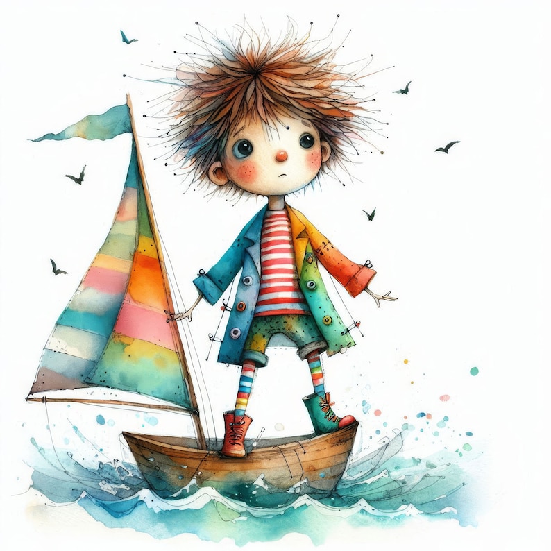 Op de afbeelding: Een aquarel-illustratie van een jong persoon met stekelig bruin haar dat op een kleine zeilboot staat. De zeilboot heeft een kleurrijk gestreept zeil en is omringd door blauw water. De persoon draagt een blauw en groen jack met een rood-wit gestreept shirt en een kleurrijk gestreepte broek.
