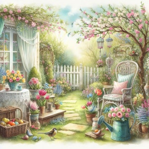 Shabby Chic Frühlingsgarten Clip Art Kit 10 hochauflösende JPGs in Aquarell Farben für Junk Journaling, Scrapbooking, Kartenherstellung, digitaler Download, Fantasy