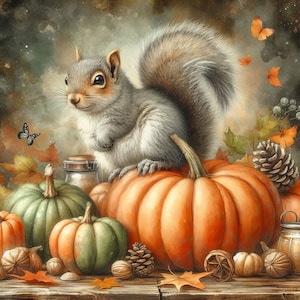 May include: A gray squirrel sits on top of a large orange pumpkin with smaller pumpkins and gourds around it. The squirrel has a bushy tail and is looking to the left. There are fall leaves and a jar in the background.