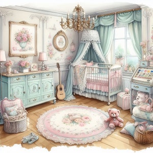 Shabby Chic Baby's Schlafzimmer Clip Art 10 hochauflösende JPGs in Aquarell Farben für Junk Journaling, Scrapbooking, Kartenherstellung, Digital Download Kit Bild 4