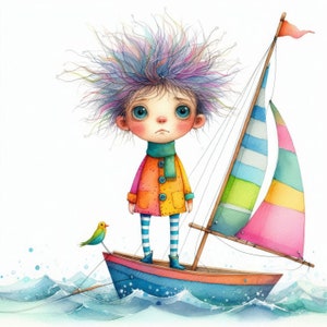 Op de afbeelding: Een aquarel-illustratie van een meisje met blauwe ogen en paars haar dat op een kleine zeilboot staat. De zeilboot heeft een kleurrijk zeil en is omringd door blauw water met witte golven. Een kleine gele vogel zit op de zijkant van de boot.