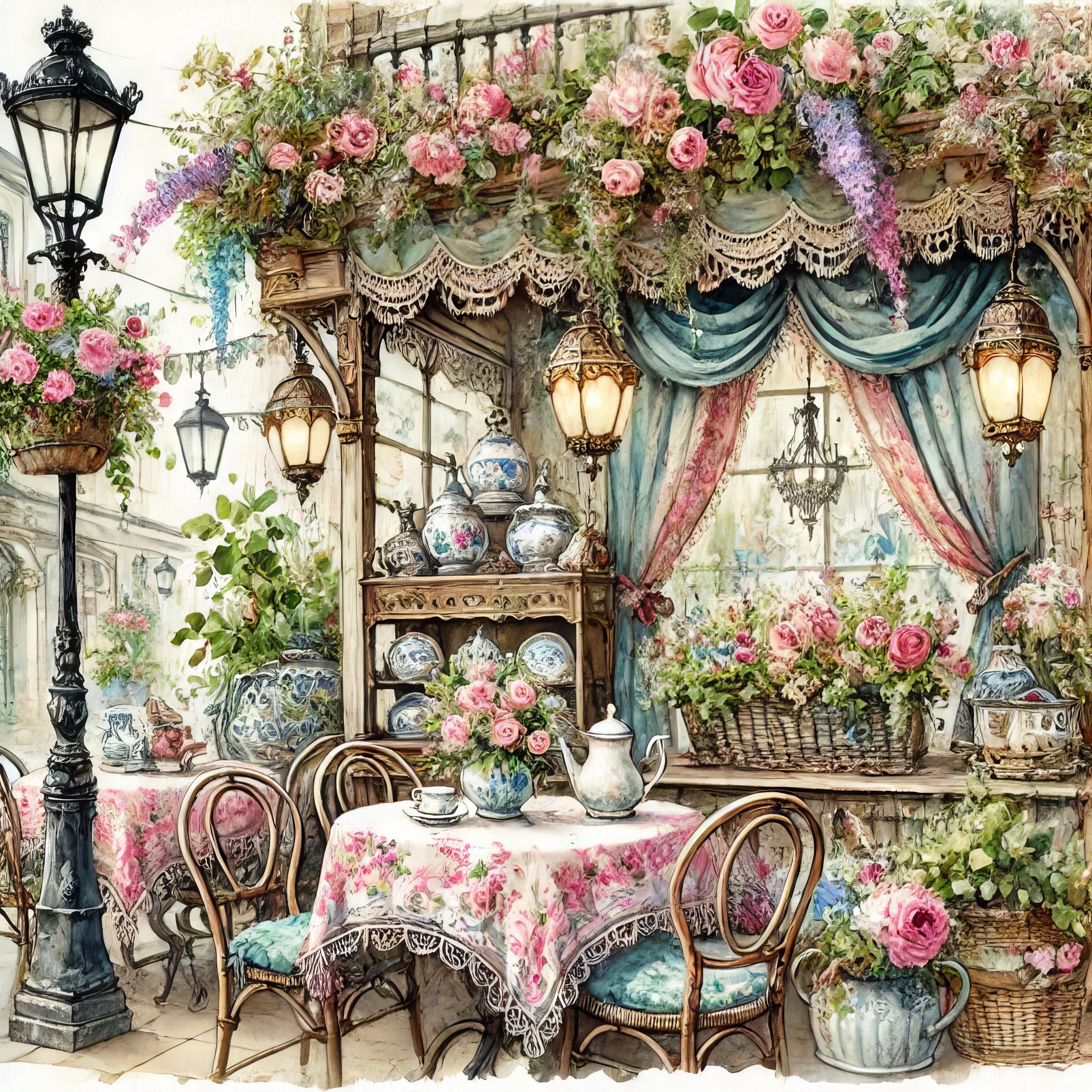Tea at a Vintage Cafe Clip Art 10 High Res Watercolor Jpgs Junk ...