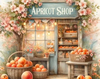 Apricot Shop: 10 High Res Watercolor JPGs, Junk Journaling, Scrapbooking, Card Making, Digital Art, Fantasy, Whimsical