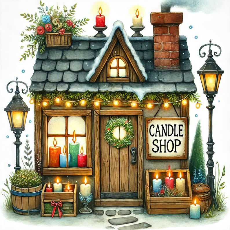 May include: A charming, illustrated storefront with a sign that reads "Candle Shop". The shop is decorated with a wreath, lights, and candles in various colors.