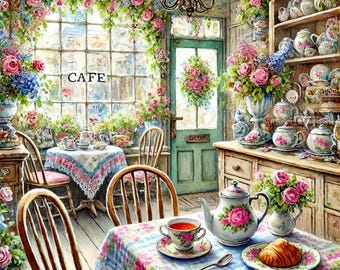 Tea at a Vintage Cafe Clip Art 10 High Res Watercolor JPGs  Junk Journaling, Card Making, Digital Art, Whimsical, Fantasy
