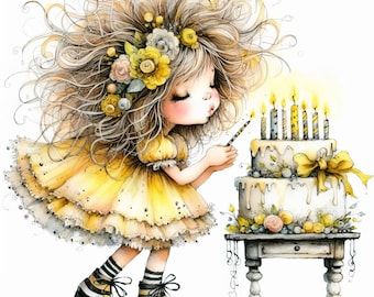 Yellow Birthday Wishes: Clip Art 10 High Res Watercolor JPEGs Junk Journaling, Scrapbooking, Card Making, Digital Art, Fantasy, Whimsical
