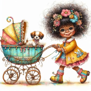 Whimsical Doll Buggy #2 10 High Res Watercolor JPGs for Junk Journaling, Scrapbooking, Card Making, Digital Download, Fantasy, Whimsical