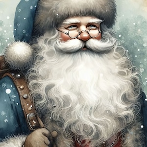 Pacote de clipart vintage azul do Papai Noel com 10 JPGs em aquarela de alta resolução para registro de lixo eletrônico, álbum de recortes, artesanato, download digital