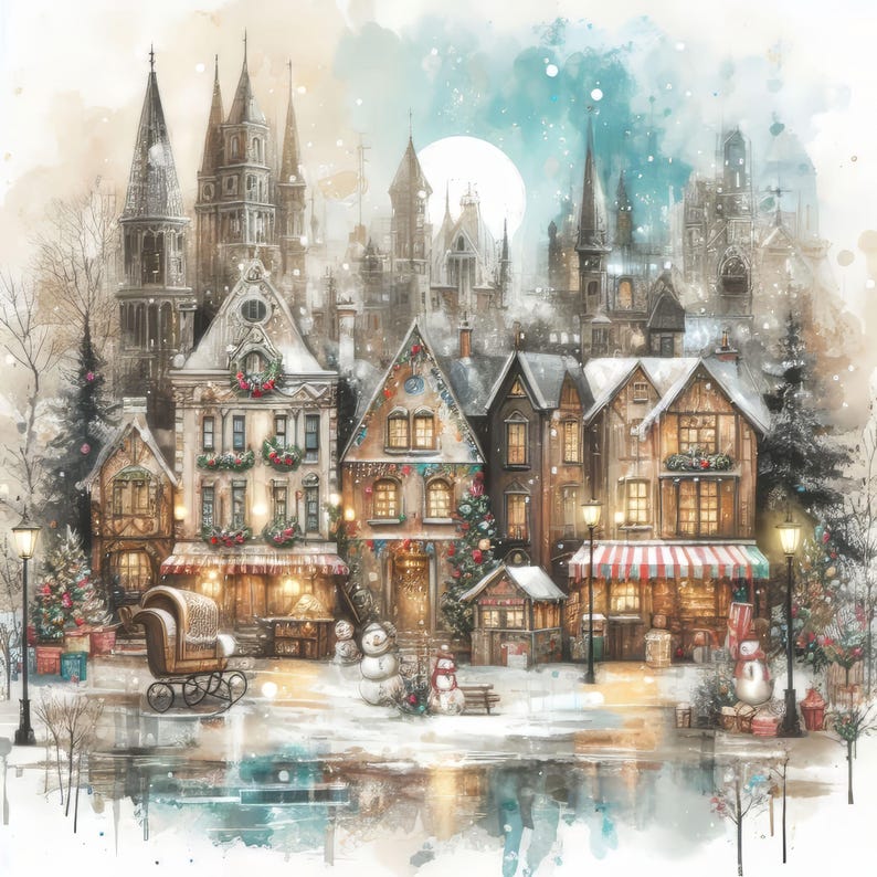 Christmas Town 10 High Res Watercolor Jpgs for Junk Journaling