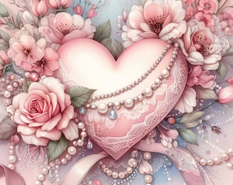 Boho Fancy Pink Heart: Clipart 10 High Res Watercolor JPGs Junk Journaling, Scrapbook, Crafts, Digital Art, Valentine's Day