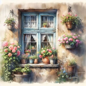 May include: A watercolor painting of a window with blue shutters and potted plants. The window is surrounded by a variety of flowers in different colors, including pink, white, and purple. The flowers are in pots of various sizes and shapes.