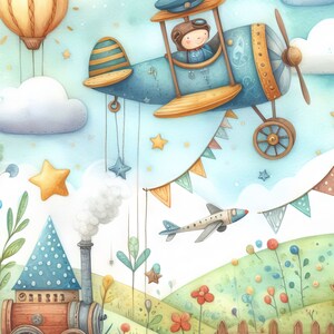 May include: A watercolor illustration of a blue airplane flying in a blue sky with white clouds. The airplane has a yellow propeller and a pilot in the cockpit. There is a red, white, and blue bunting hanging from the airplane. Below the airplane, there is a green field with a brown fence and a blue and white train with a red chimney.