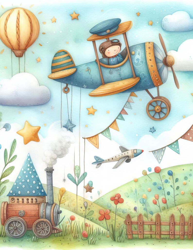 May include: A watercolor illustration of a blue airplane flying in a blue sky with white clouds. The airplane has a yellow propeller and a pilot in the cockpit. There is a red, white, and blue bunting hanging from the airplane. Below the airplane, there is a green field with a brown fence and a blue and white train with a red chimney.