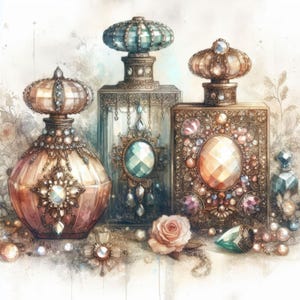 May include: Three ornate glass perfume bottles with jeweled stoppers and decorative details. The bottles are arranged on a table with a single pink rose and pearls.