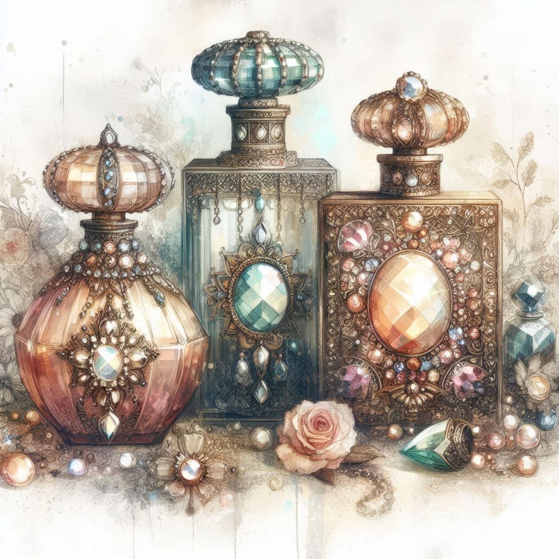 May include: Three ornate glass perfume bottles with jeweled stoppers and decorative details. The bottles are arranged on a table with a single pink rose and pearls.